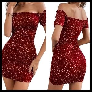 BOUTIQUE Off The Shoulders Ruffle Bodycon Dress Burgundy with White Hearts